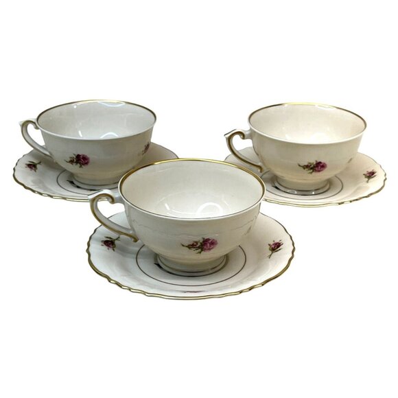 3 Syracuse China Federal Shape Victoria Rose Cup & Saucer Sets - Picture 4 of 11